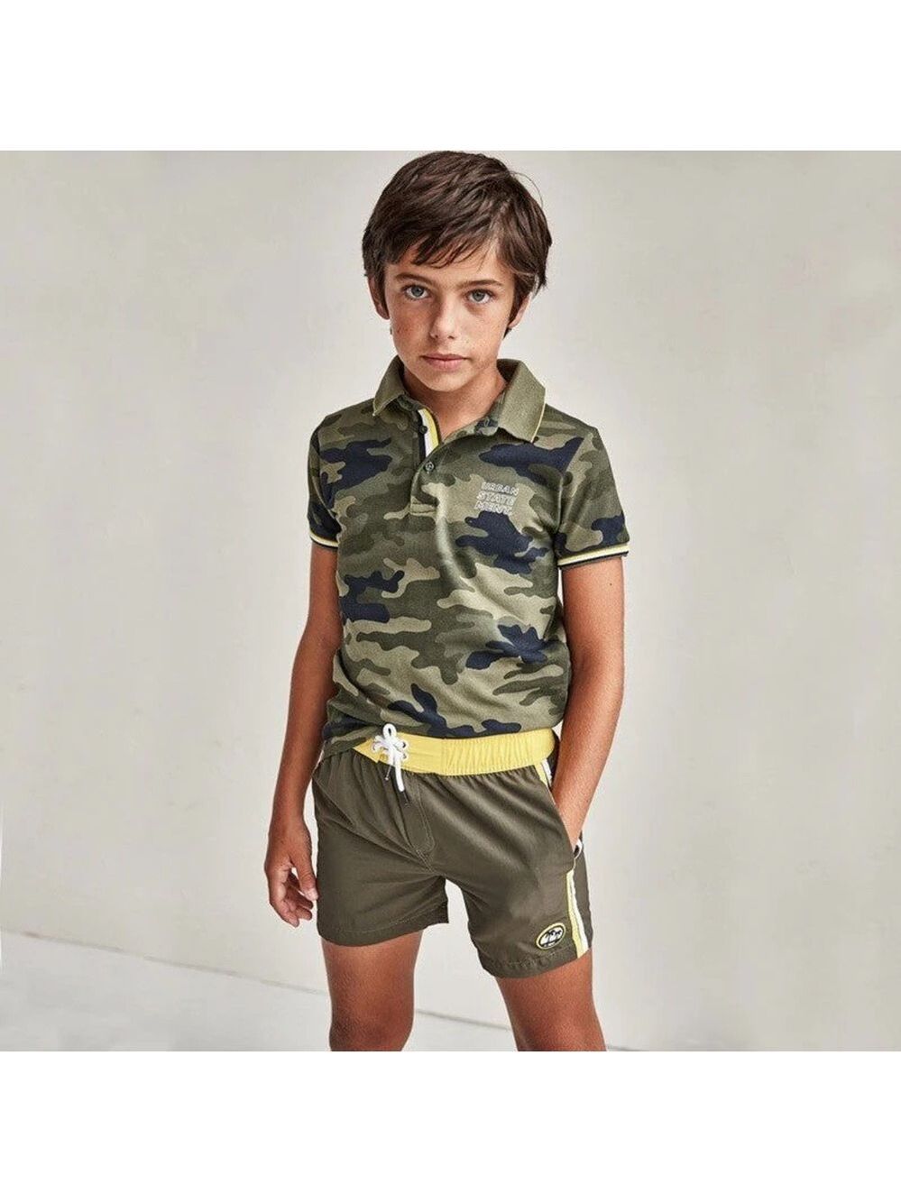 Mayoral Camouflage and Yellow Swim Trunks